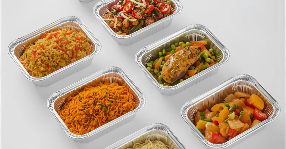 Rectangular aluminium foil food container for takeaway meals"