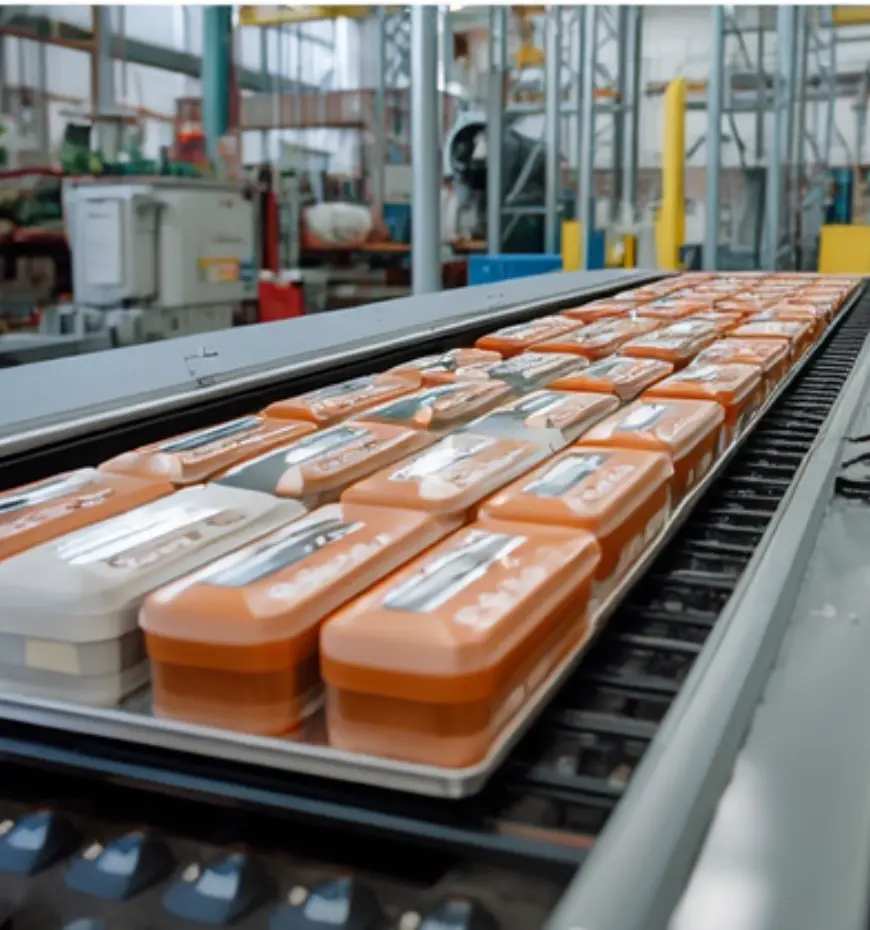 Conveyor belt carrying orange and white medicine containers in a pharmaceutical manufacturing facility
