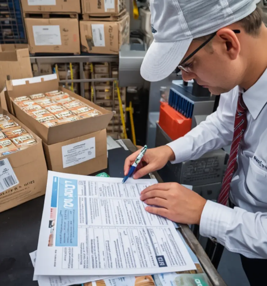 Worker in a cap signs a form at a cluttered packing station with stacked boxes nearby