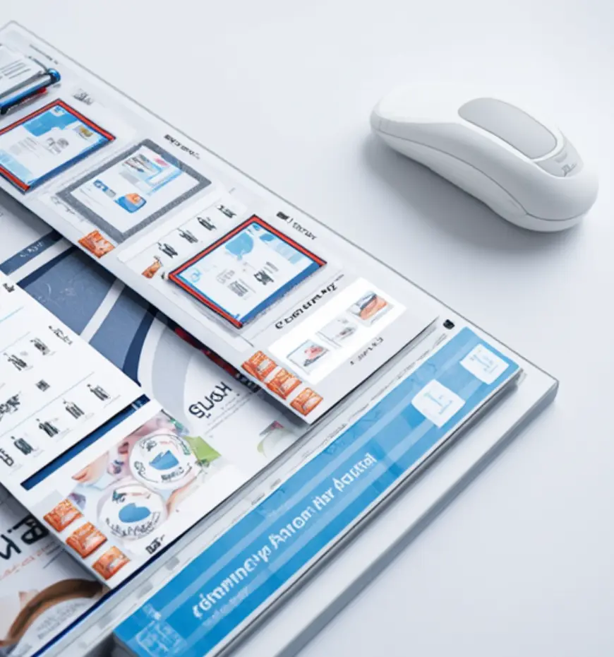 White computer mouse beside a fanned out catalog displaying blue and orange pages