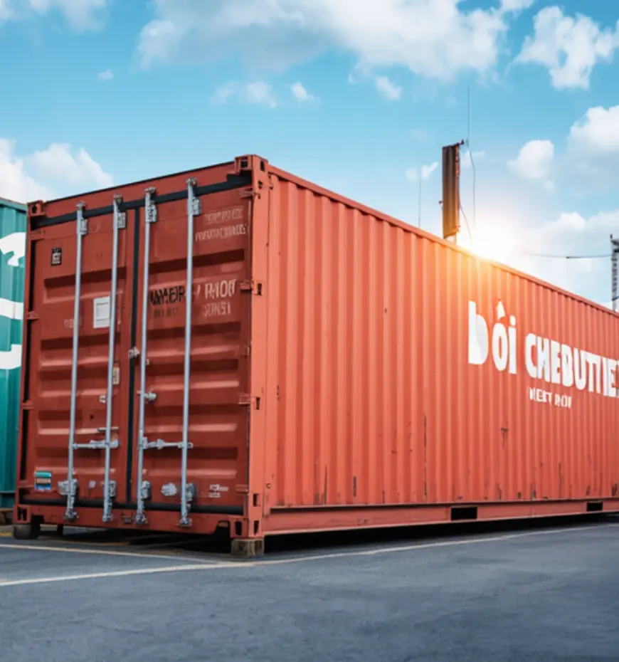 Red shipping container in a parking lot with metal doors and vertical bars along the back Sun flare on the right side