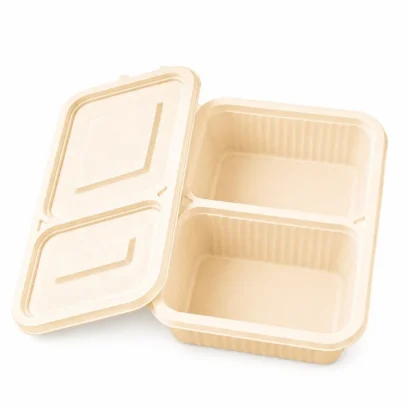 Beige rectangular lunchbox with two compartments and a hinged lid open to reveal compartments