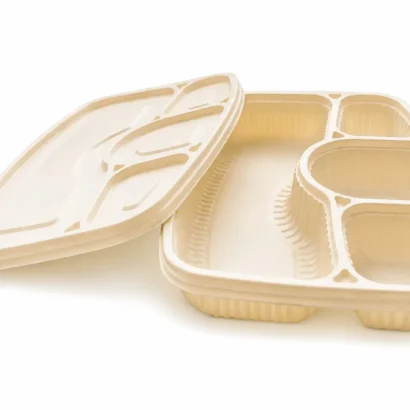 Beige plastic lunch box with four compartments and a snap-on lid, shown open to reveal distinct sections for food separation (bento-style).
