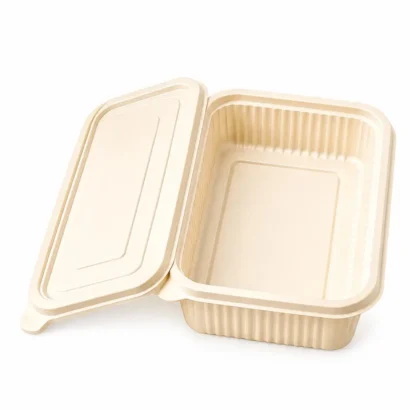 Beige rectangular lunch box with the lid open, empty interior and ridged sides.