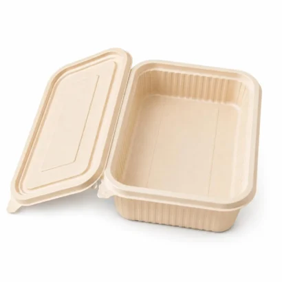 Beige rectangular plastic food storage container with the lid open, interior visible.
