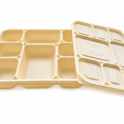 Beige plastic lunch tray with multiple divided compartments and a matching lid.