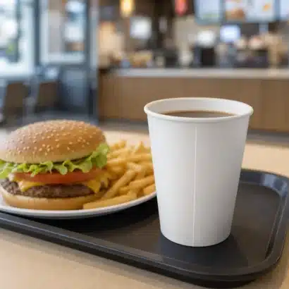 12 oz paper cups bulk – large coffee on a quick-service meal tray