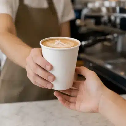 8 oz paper cups bulk – barista serving a takeaway cappuccino