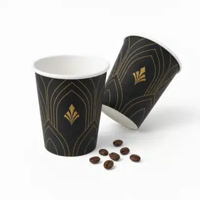 two 12 oz custom printed paper coffee cups – black and gold design