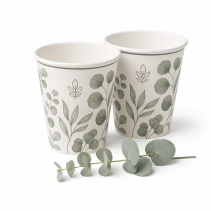 two custom printed paper coffee cups – botanical design