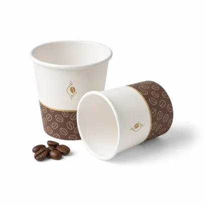 two custom printed small paper cups – espresso bean design