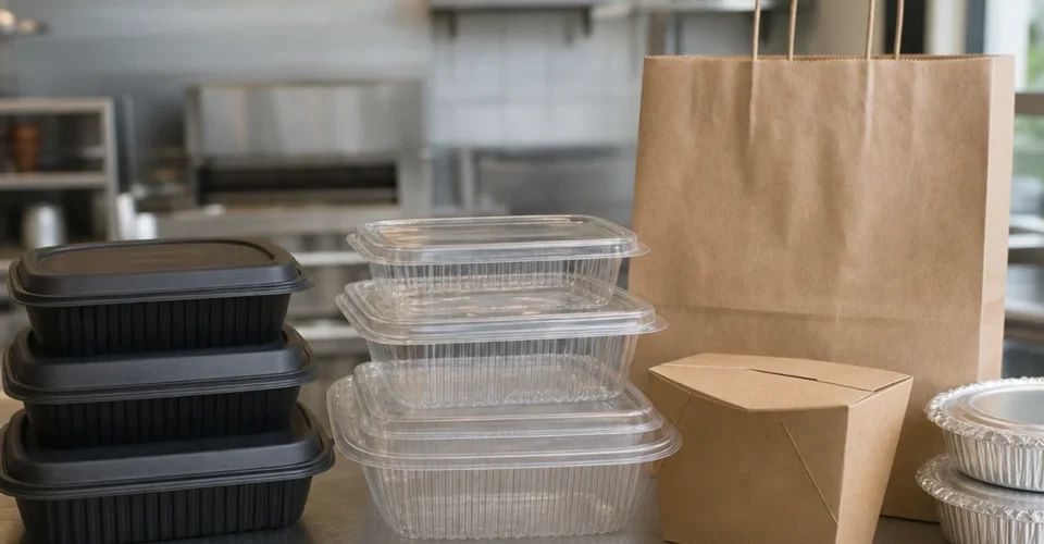 Black plastic takeout container ban  black containers next to clear PP foil and kraft alternatives