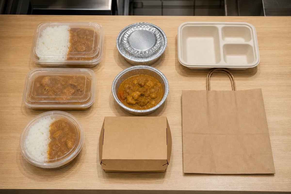Takeout container alternatives after a black plastic takeout container ban – clear PP, foil, kraft and fiber trays