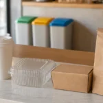 PPWR labeling rules  unprinted takeaway packaging and sorting bins in a European café