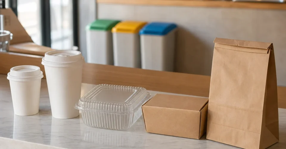 PPWR labeling rules  unprinted takeaway packaging and sorting bins in a European café